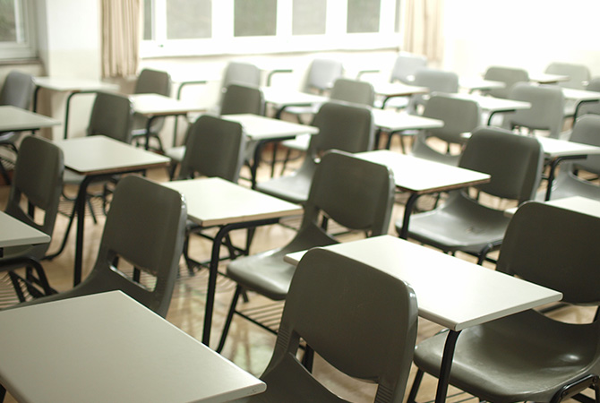 classroom full of empty desks